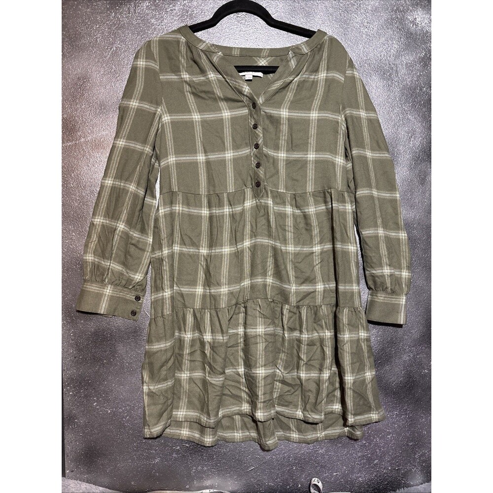 Loft Green Plaid Dress Button Down Small Fall Autumn Cabincore Soft Cozy Comfy